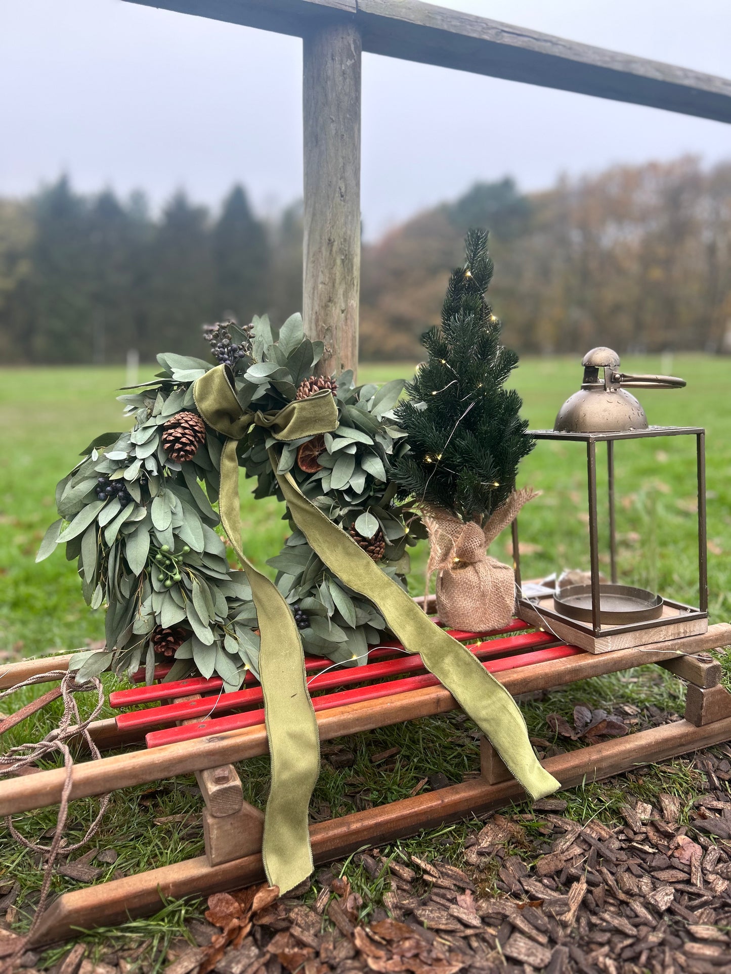 Rustic Christmas Eucalyptus Wreath with Velvet Ribbon