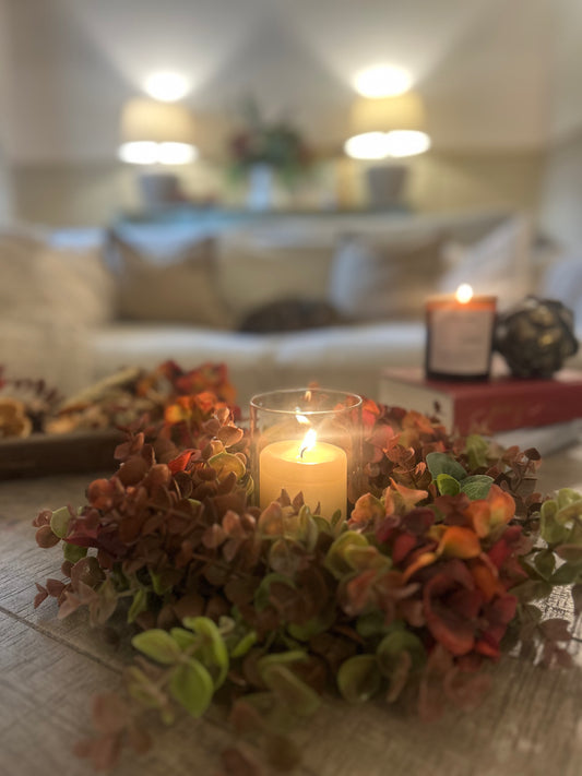 Autumn Hydrangea & Eucalyptus Table Centre with Candle