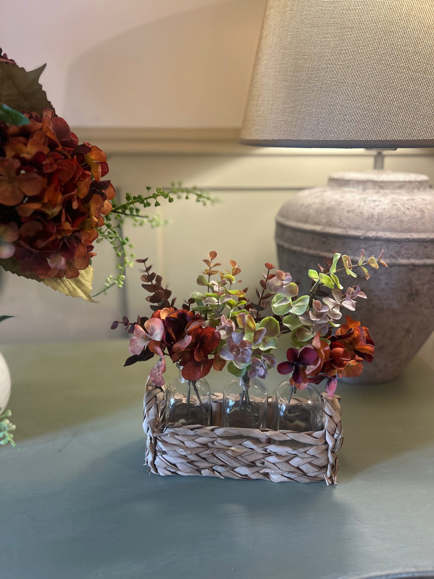Autumn Hydrangea Three Bottle Arrangement in Woven Basket