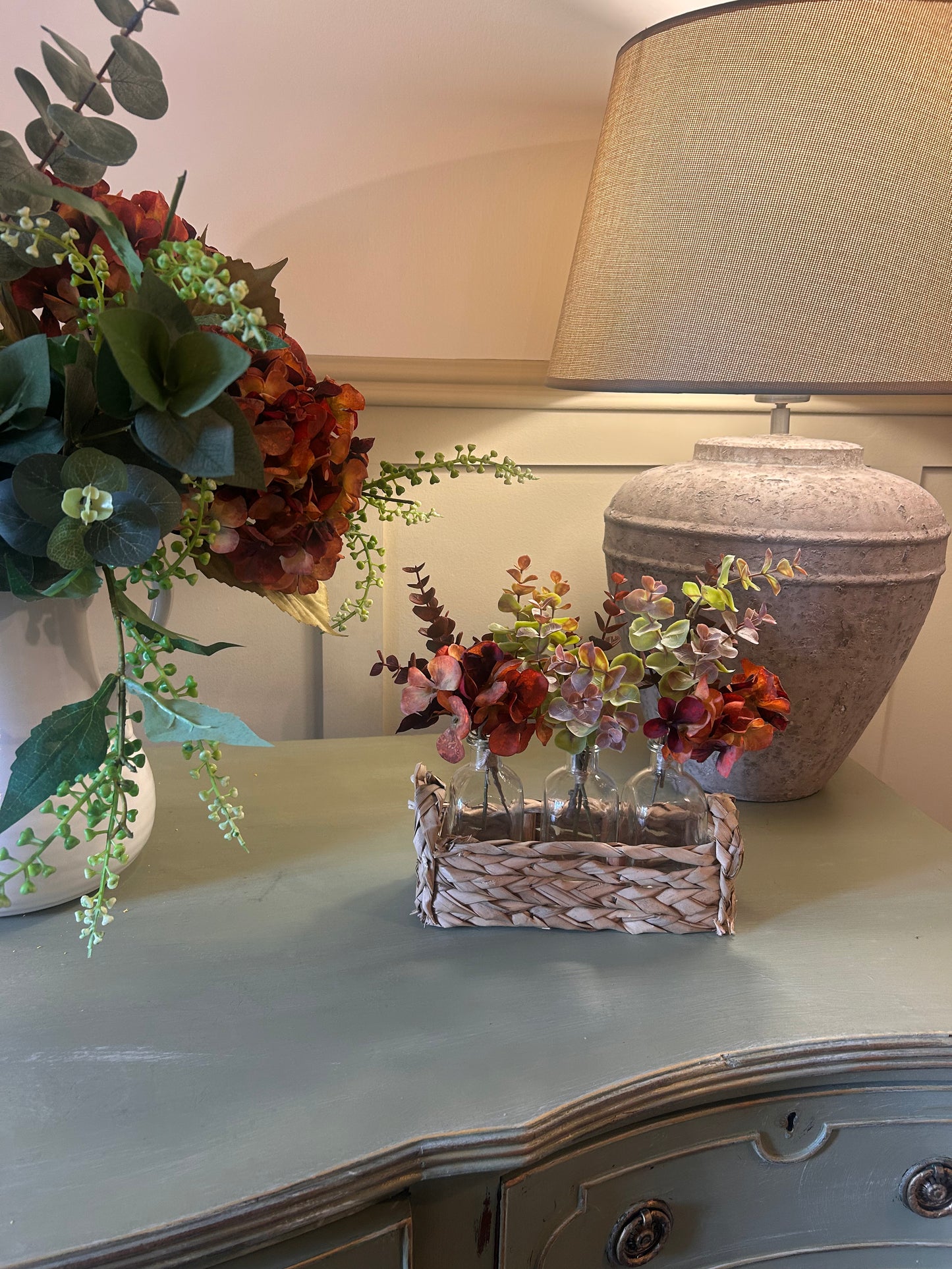 Autumn Hydrangea Three Bottle Arrangement in Woven Basket