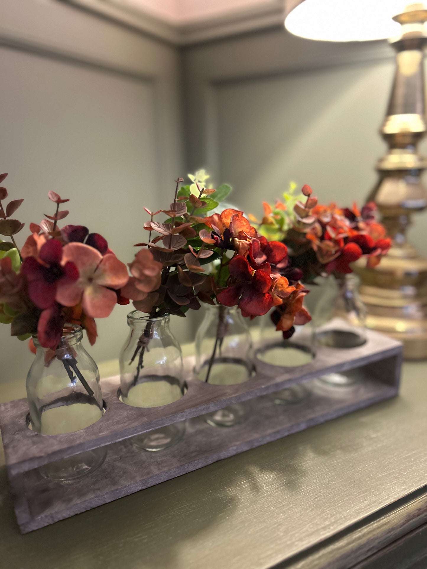 Autumn Hydrangea 5 Bottle Arrangement in Wooden Tray