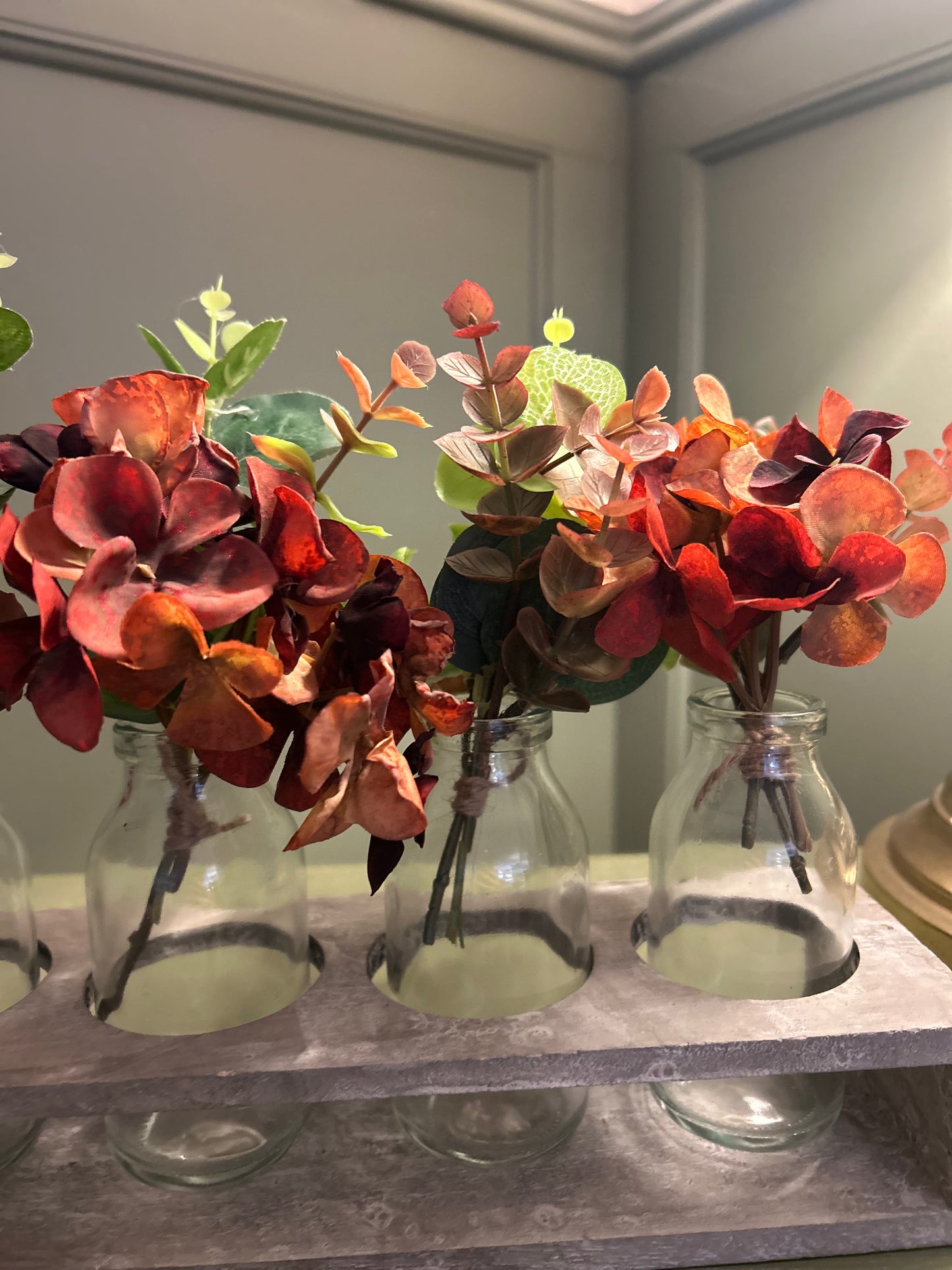 Autumn Hydrangea 5 Bottle Arrangement in Wooden Tray