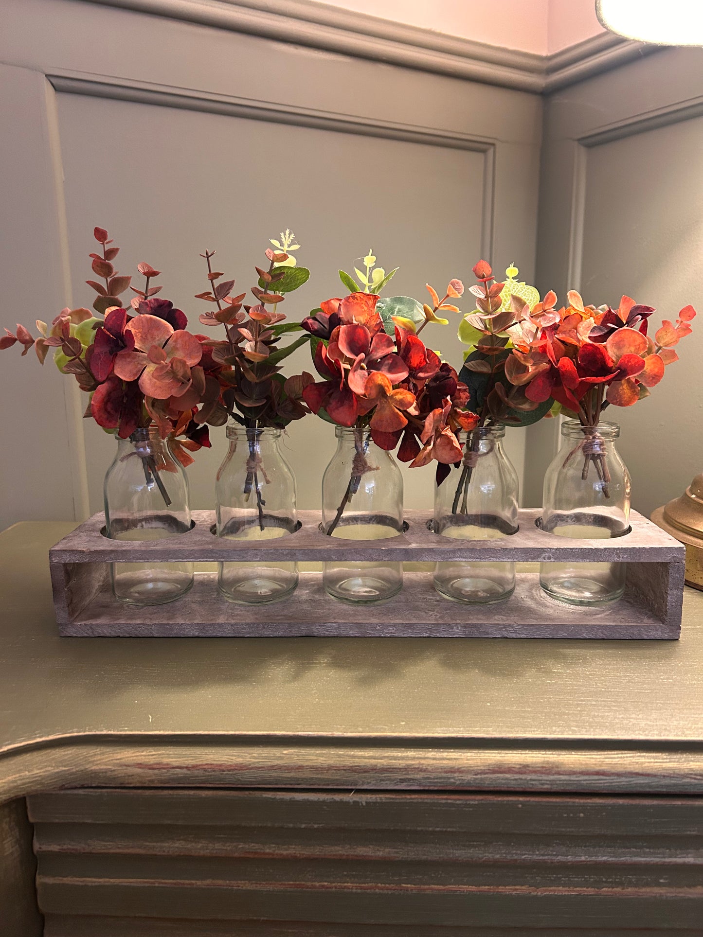 Autumn Hydrangea 5 Bottle Arrangement in Wooden Tray