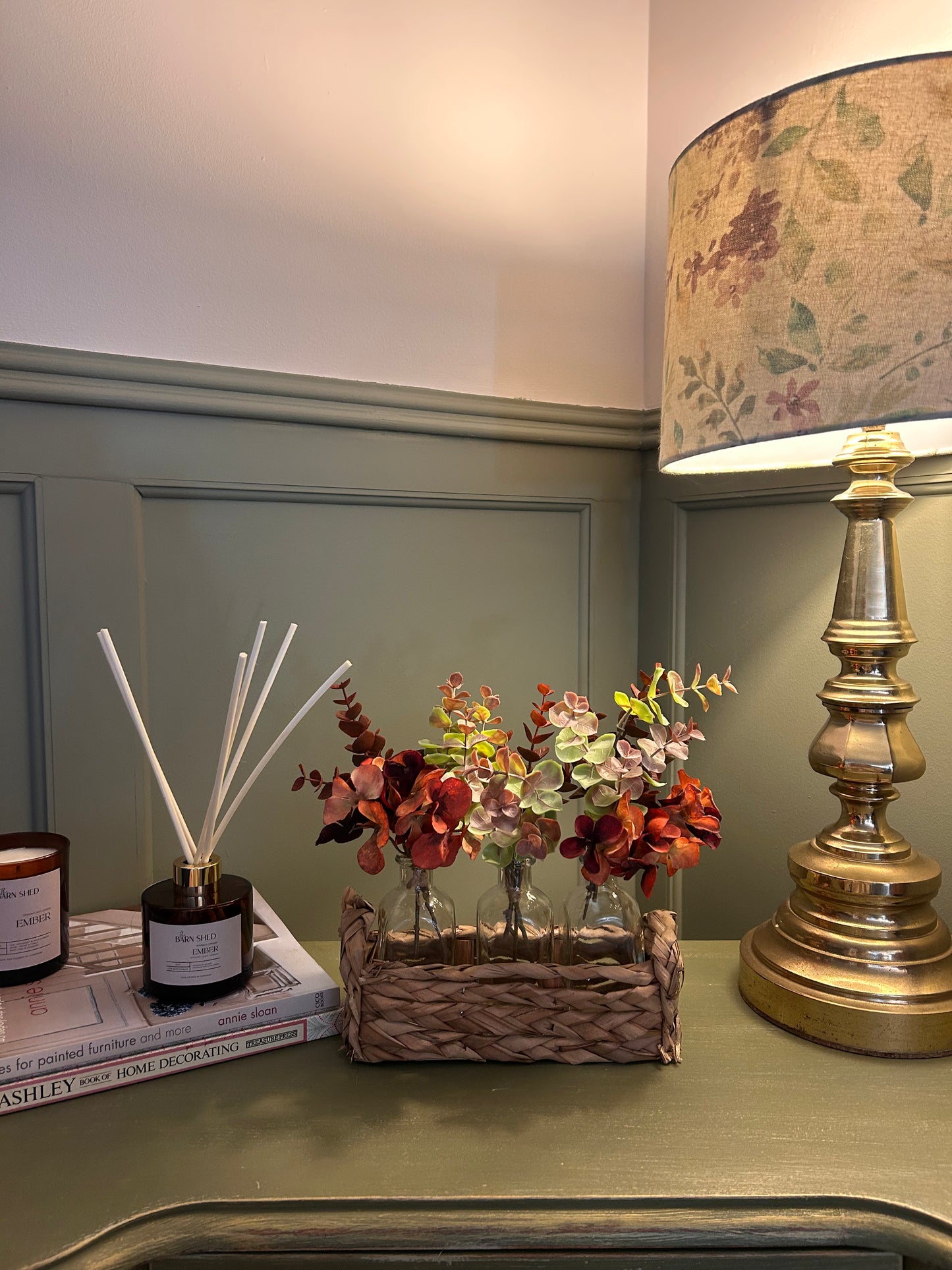 Autumn Hydrangea Three Bottle Arrangement in Woven Basket
