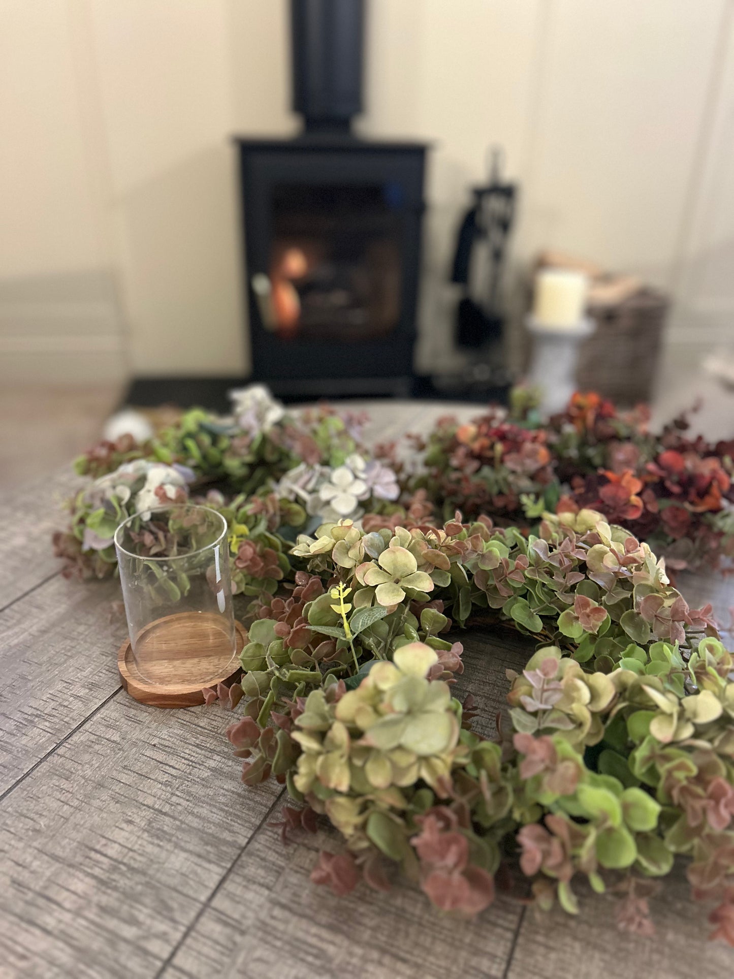 Green Hydrangea & Eucalyptus Table Centre with Candle