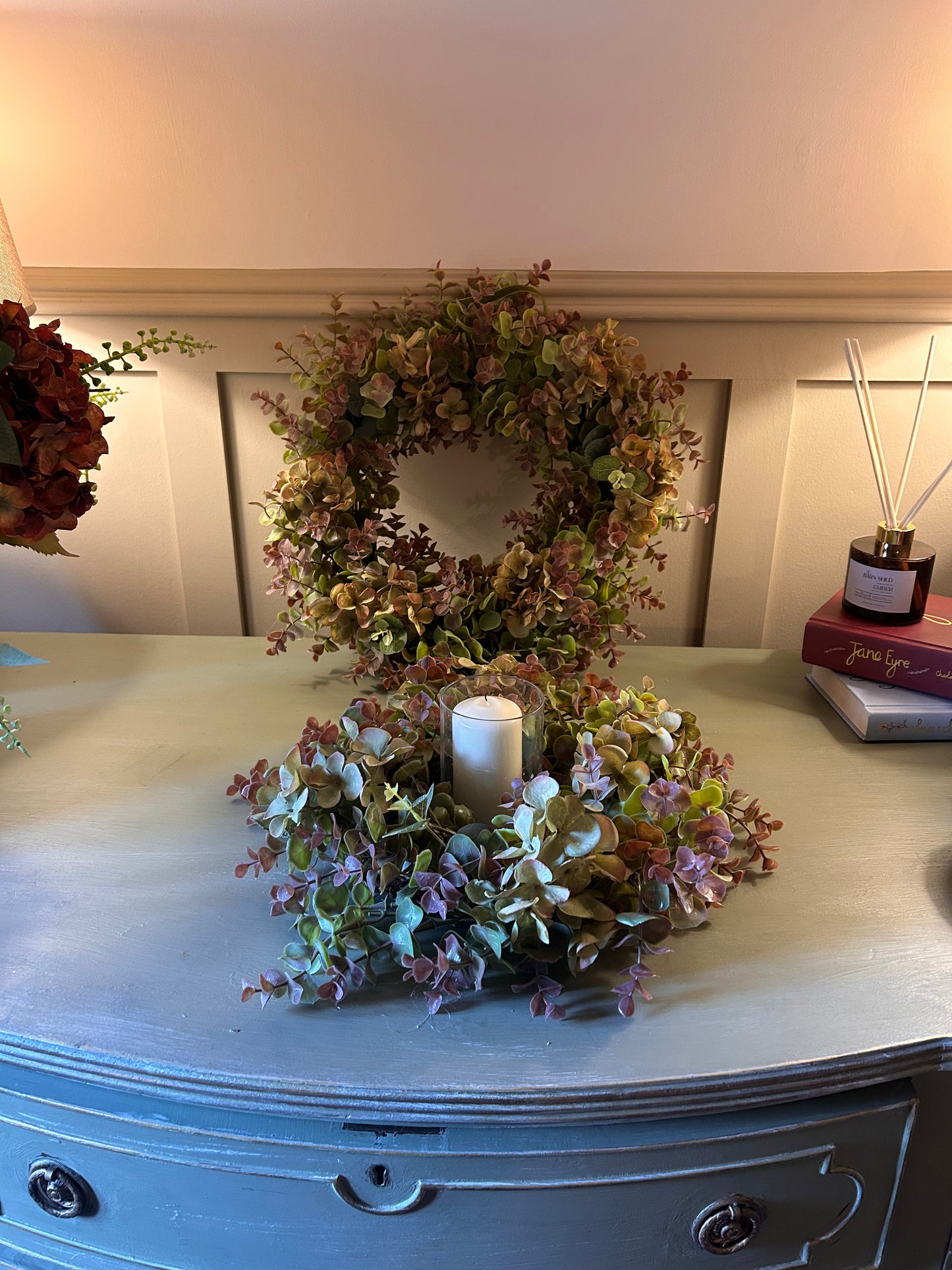 Green Hydrangea & Eucalyptus Table Centre with Candle