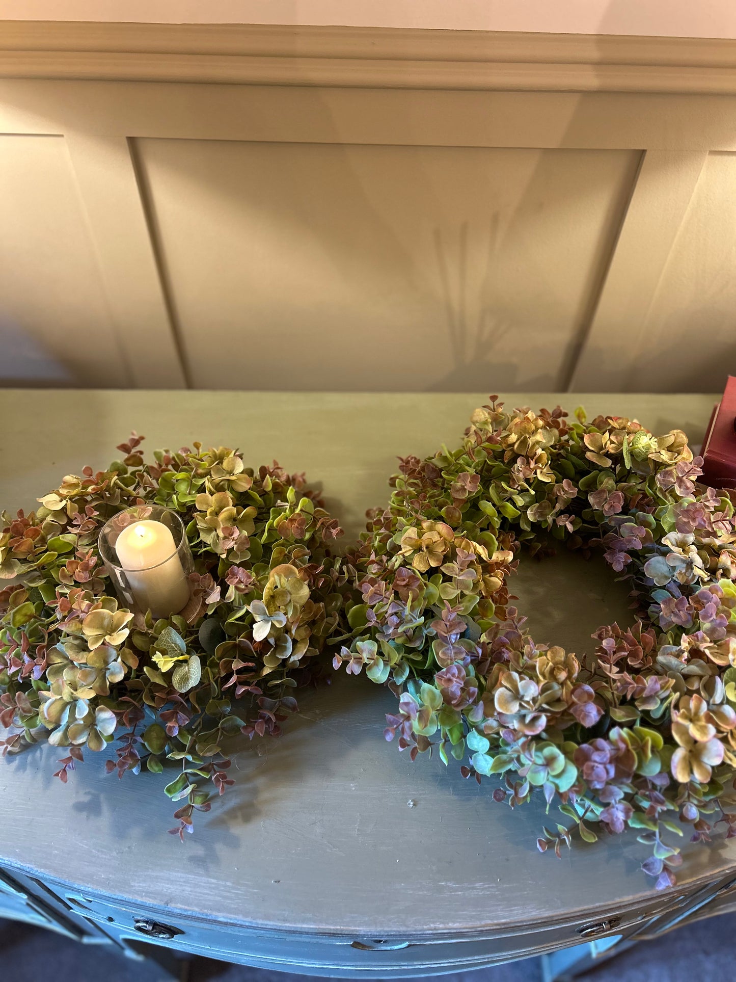 Green Hydrangea & Eucalyptus Table Centre with Candle