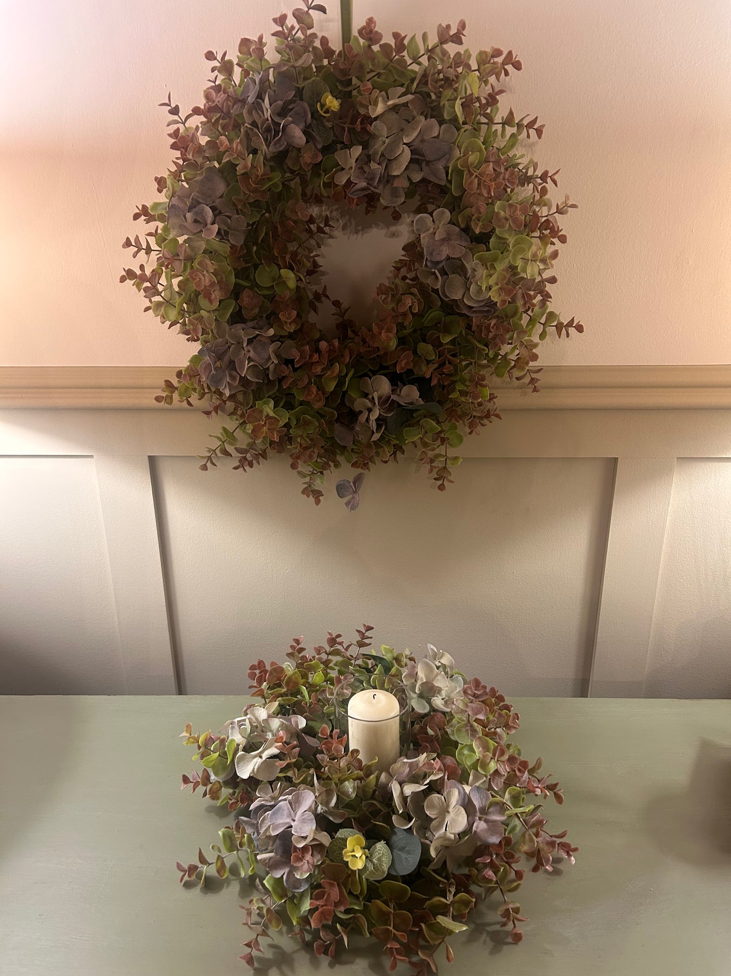 Vintage Blue Hydrangea & Eucalyptus Artificial Wreath and Table Centre Bundle