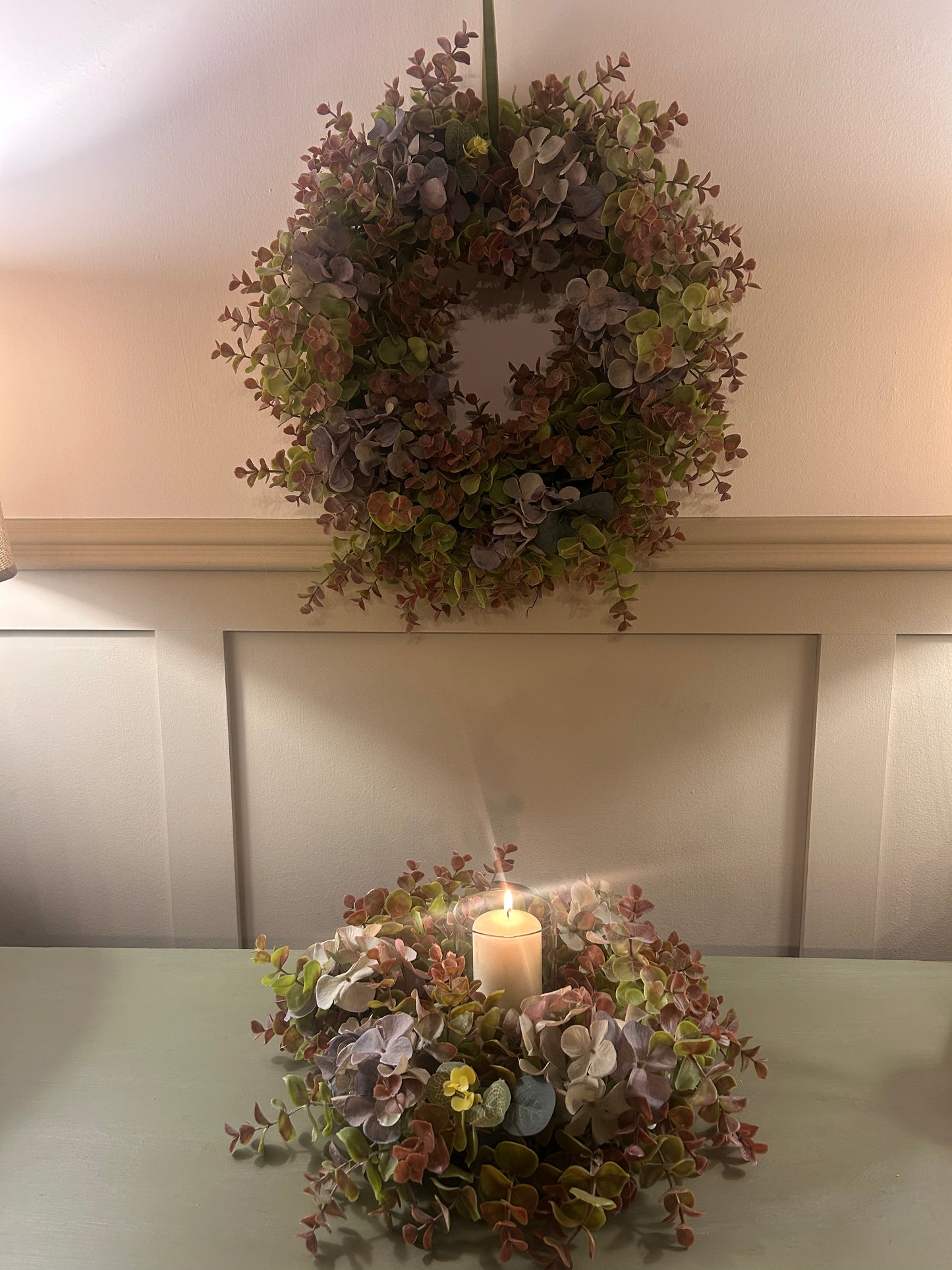 Vintage Blue Hydrangea & Eucalyptus Artificial Wreath and Table Centre Bundle