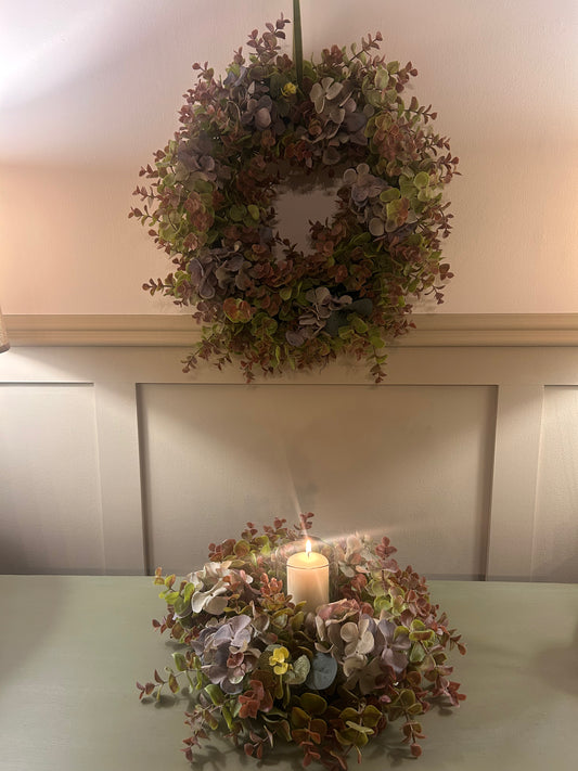 Vintage Blue Hydrangea & Eucalyptus Artificial Wreath and Table Centre Bundle