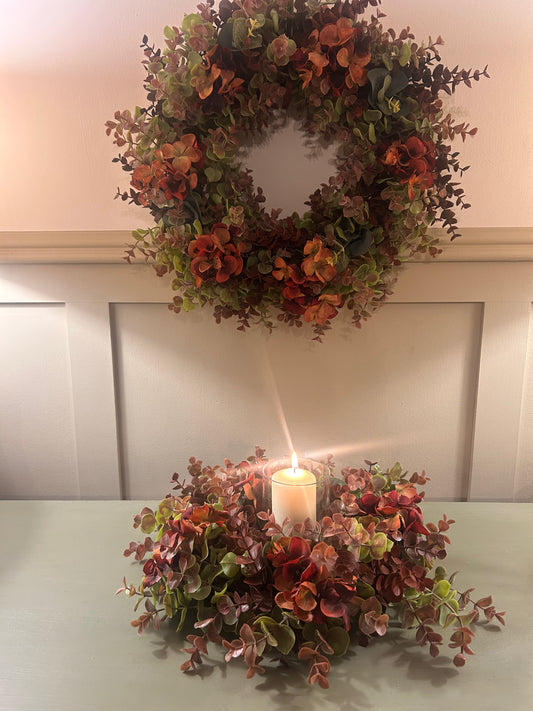 Autumn Hydrangea & Eucalyptus Artificial Wreath and Table Centre Bundle