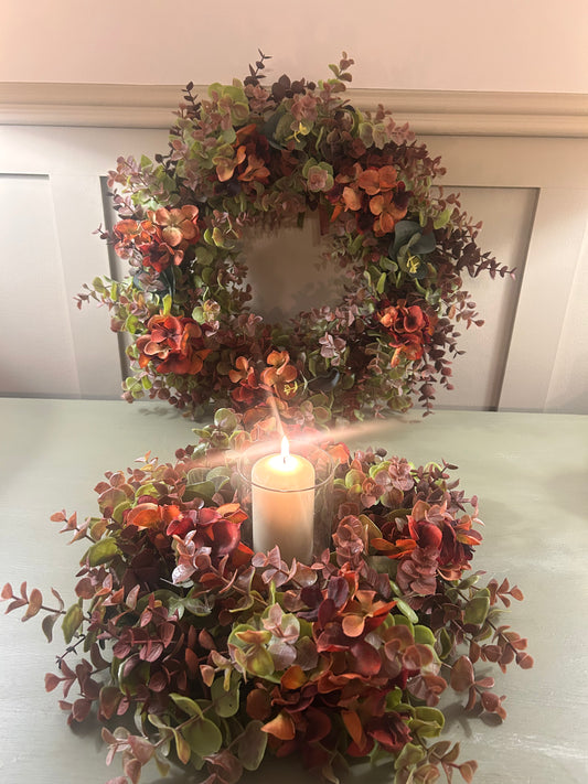 Autumn Hydrangea & Eucalyptus Artificial Wreath and Table Centre Bundle
