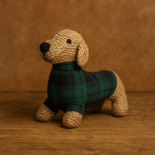 Knitted Sausage Dog Plush Toy in a Tartan Jumper