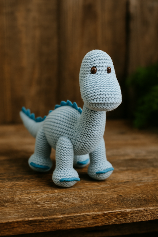 Knitted Organic Cotton Blue Dinosaur Rattle