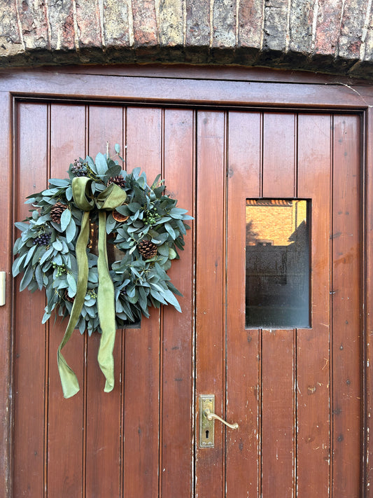 Rustic Christmas Wreath with velvet ribbon