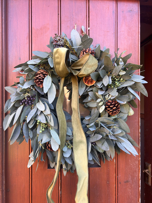 Rustic Christmas Eucalyptus Wreath with Velvet Ribbon