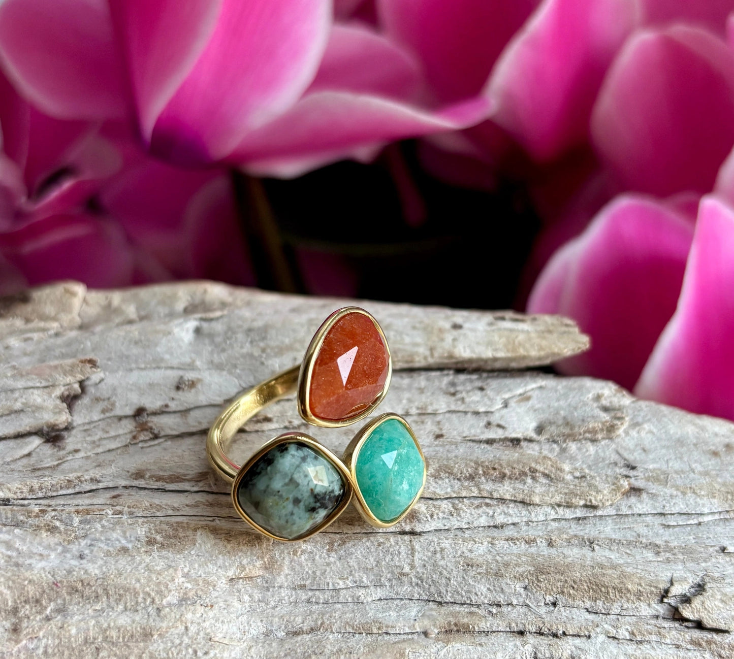 18Ct Gold Plated Faceted Natural Stone Ring with Ammonite, African Turquoise & Red Aventurine